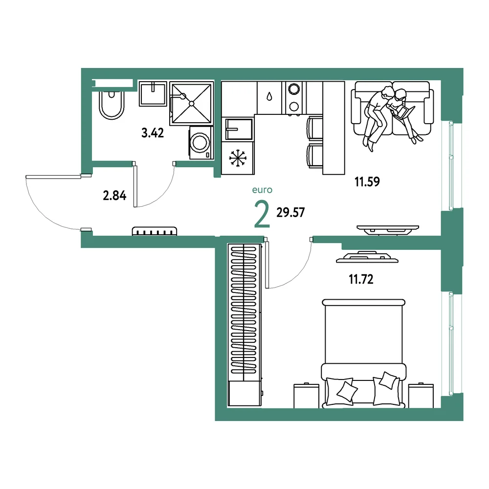 Планировка: Остров-сад 2-комнатная 29,57м²