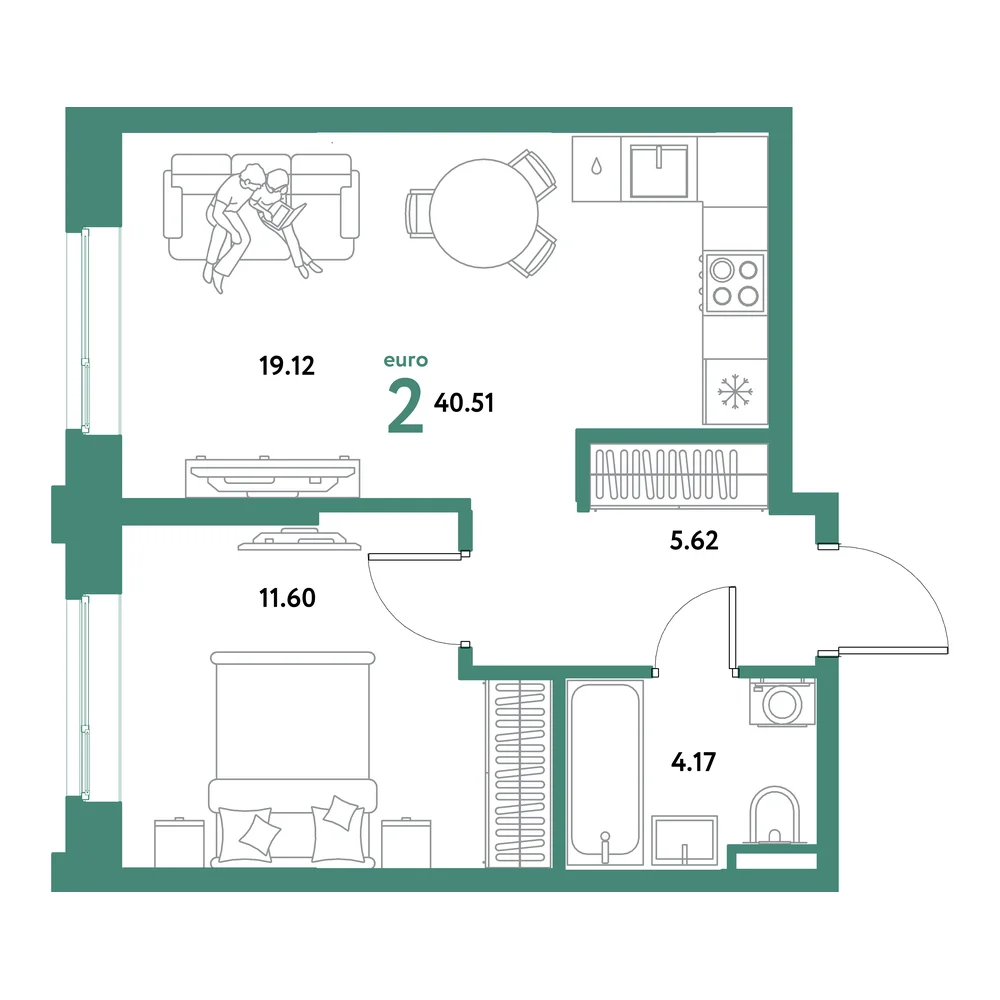 Планировка: Остров-сад 2-комнатная 40,51м²