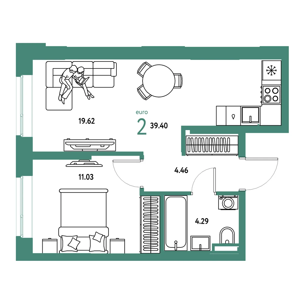 Планировка: Остров-сад 2-комнатная 39,40м²