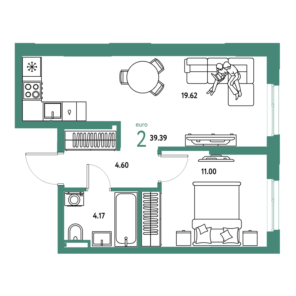 Планировка: Остров-сад 2-комнатная 39,39м²
