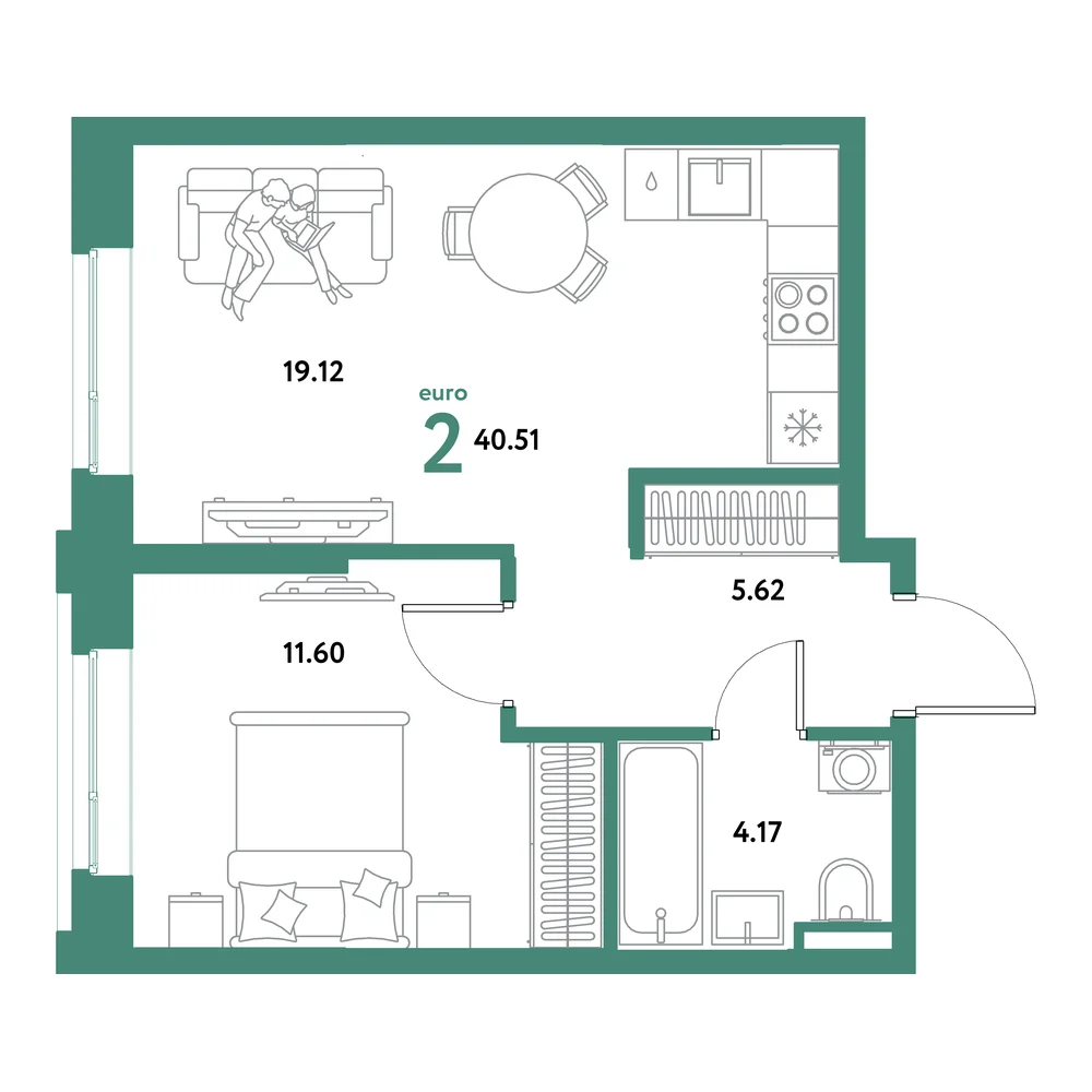 Планировка: Остров-сад 2-комнатная 40,51м²