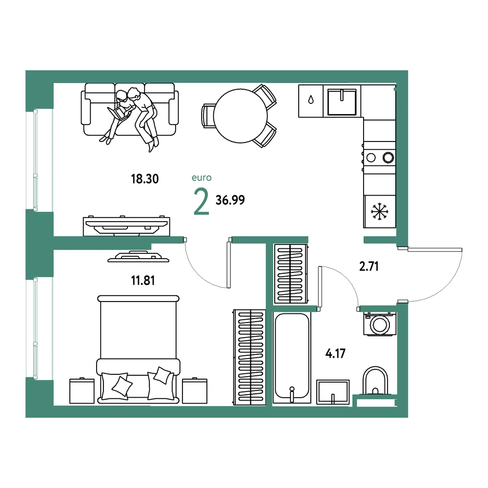 Планировка: Остров-сад 2-комнатная 36,99м²