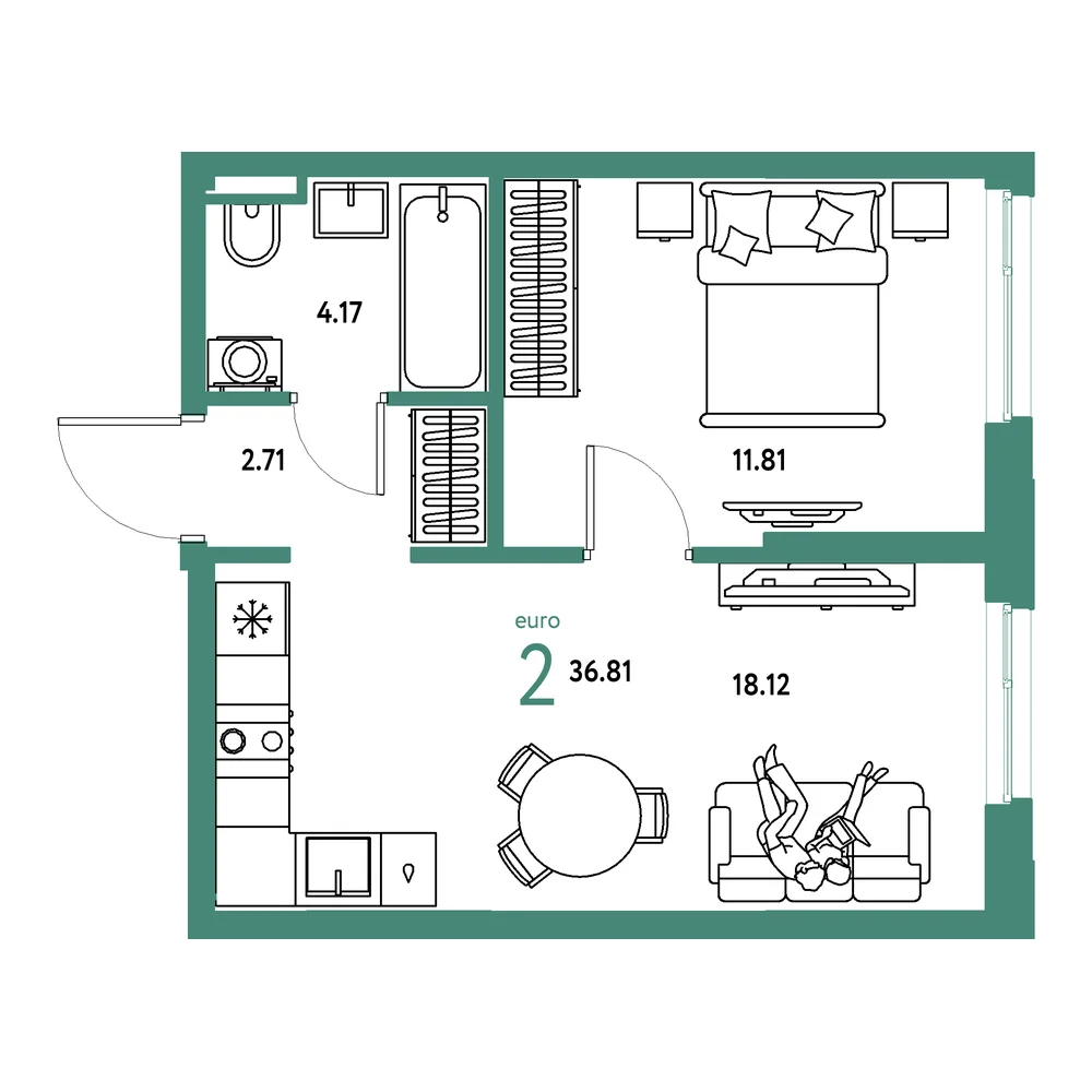 Планировка: Остров-сад 2-комнатная 36,81м²