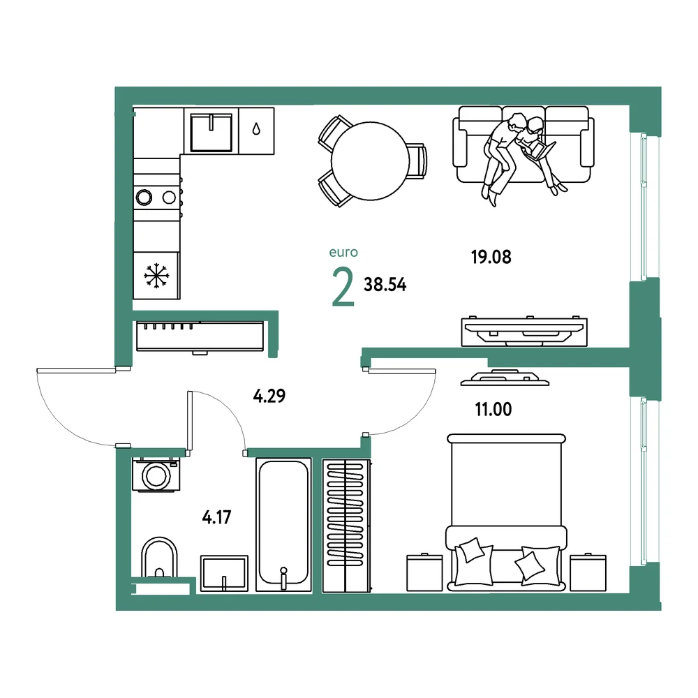 Планировка: Остров-сад 2-комнатная 38,54м²