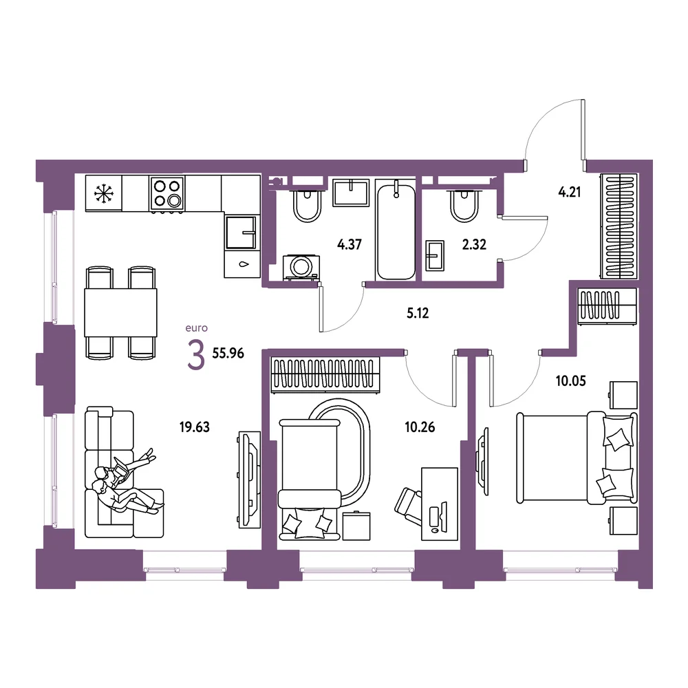 Планировка: Остров-сад 3-комнатная 55,96м²