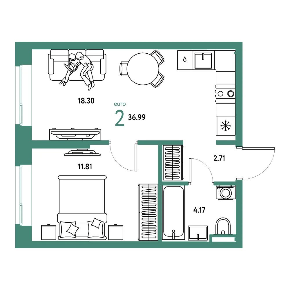 Планировка: Остров-сад 2-комнатная 36,99м²