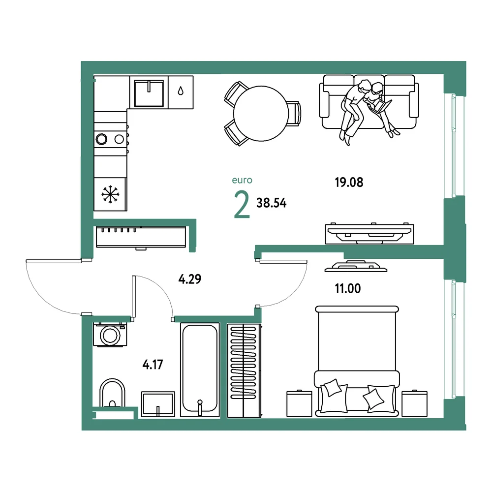 Планировка: Остров-сад 2-комнатная 38,54м²