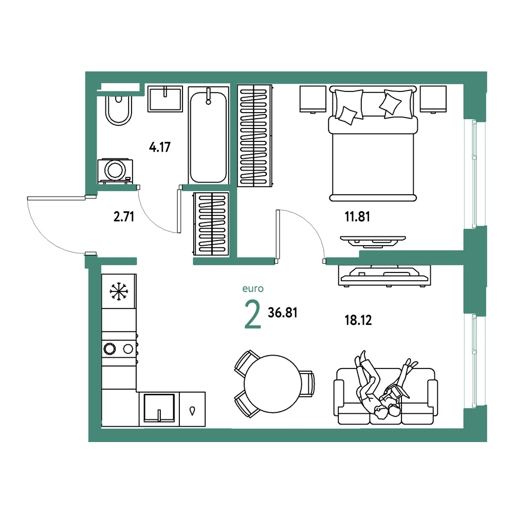 Планировка: Остров-сад 2-комнатная 36,81м²