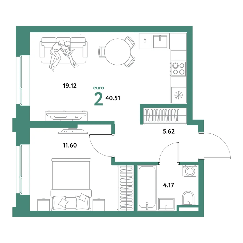 Планировка: Остров-сад 2-комнатная 40,51м²