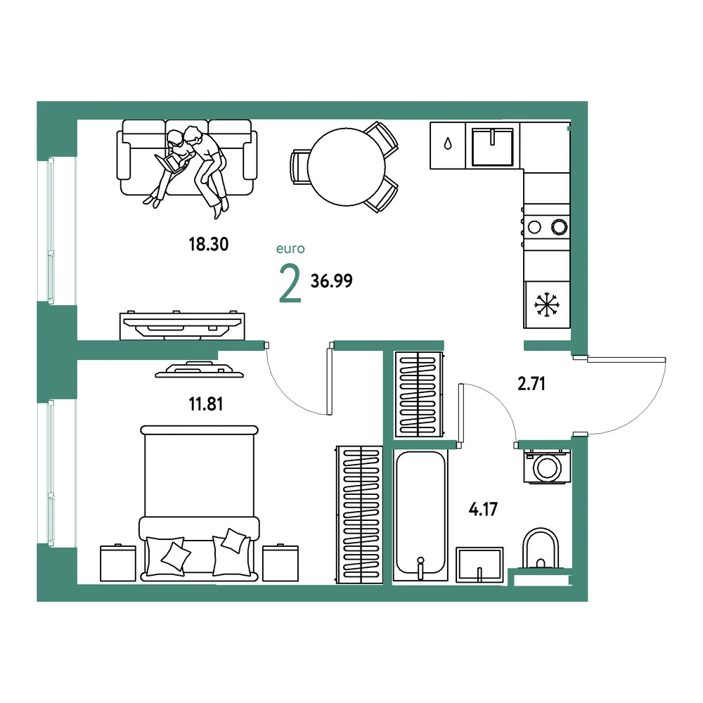 Планировка: Остров-сад 2-комнатная 36,99м²