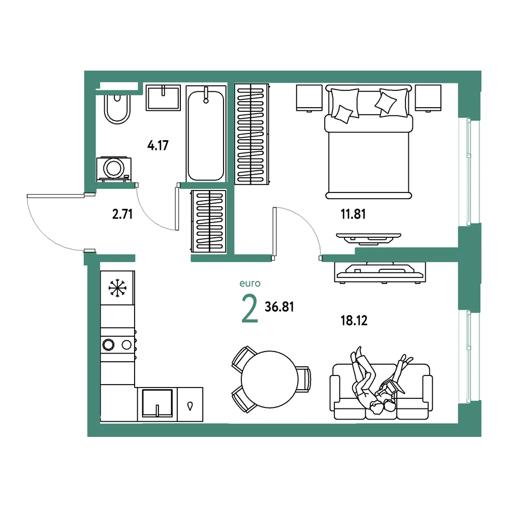 Планировка: Остров-сад 2-комнатная 36,81м²