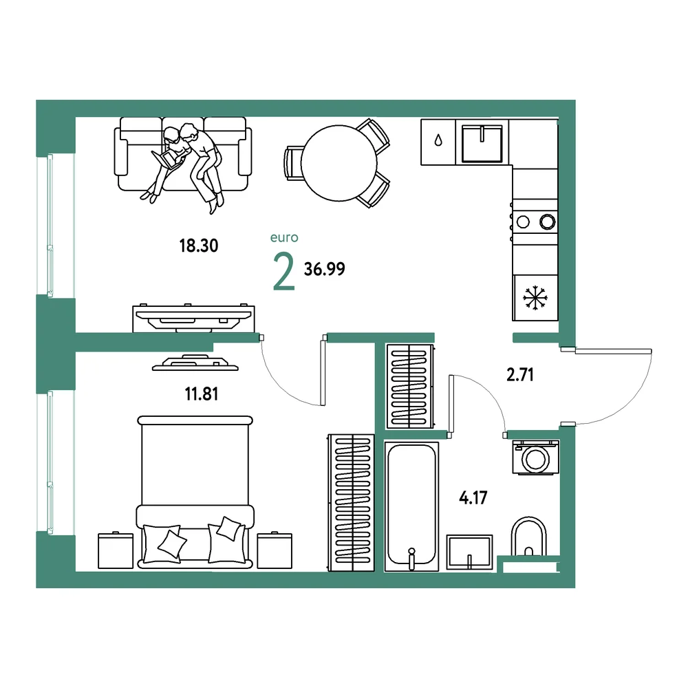 Планировка: Остров-сад 2-комнатная 36,99м²