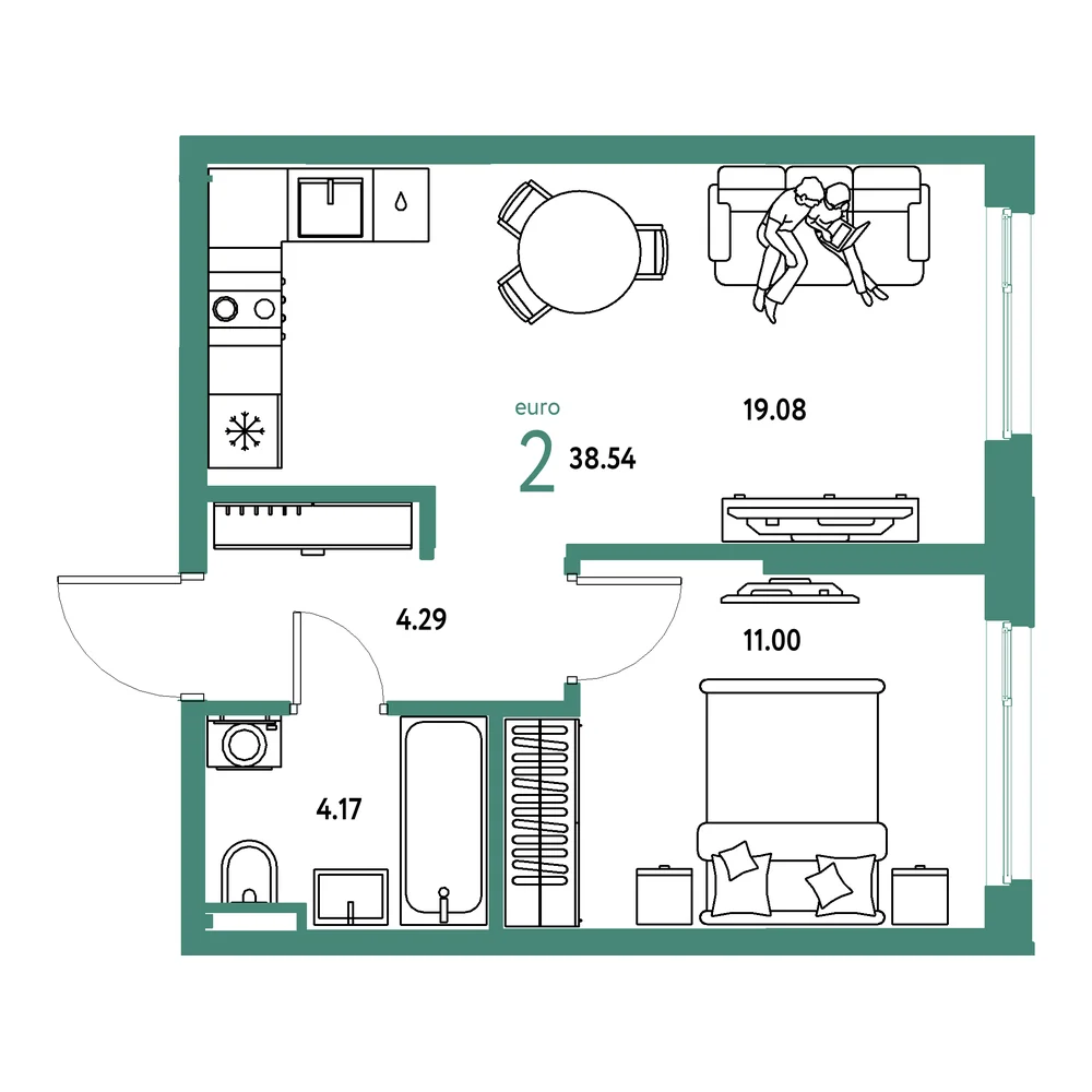 Планировка: Остров-сад 2-комнатная 38,54м²