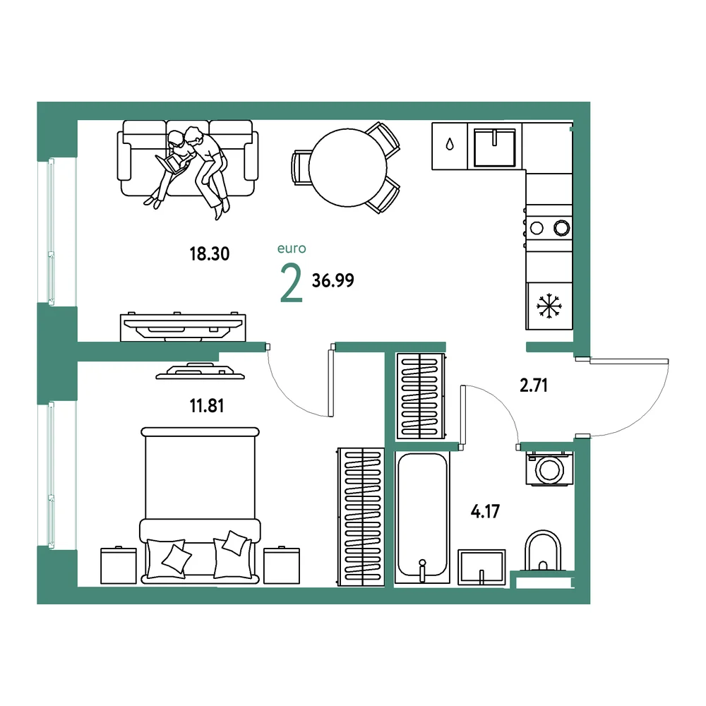 Планировка: Остров-сад 2-комнатная 36,99м²