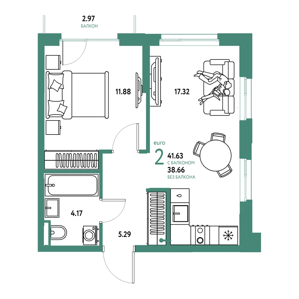 Планировка: Остров-сад 2-комнатная 41,63м²