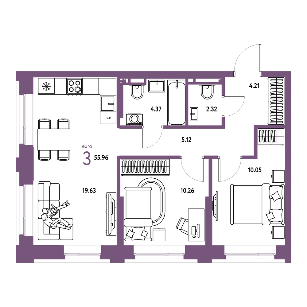 Планировка: Остров-сад 3-комнатная 55,96м²
