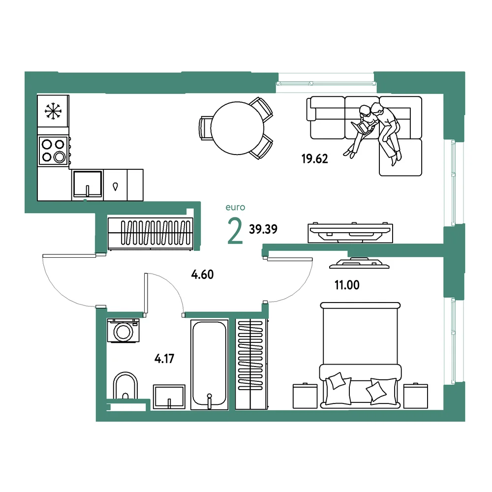 Планировка: Остров-сад 2-комнатная 39,39м²