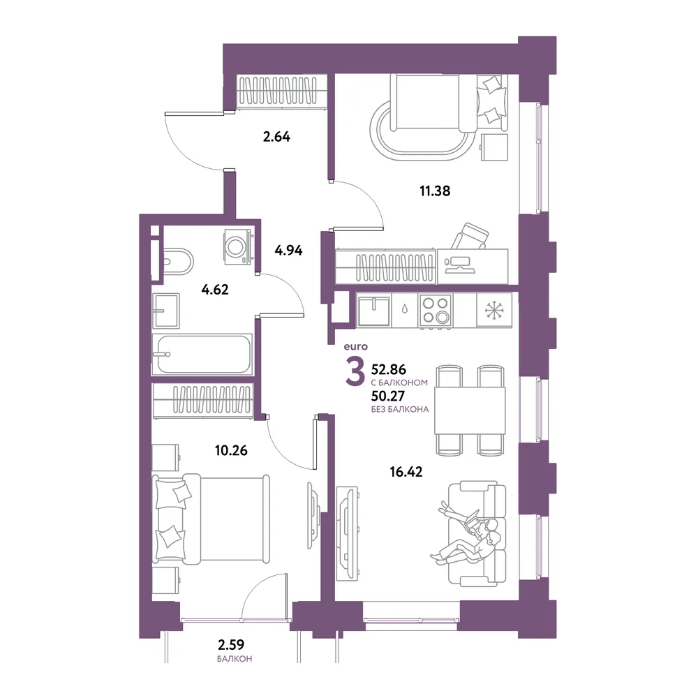 Планировка: Остров-сад 3-комнатная 52,86м²