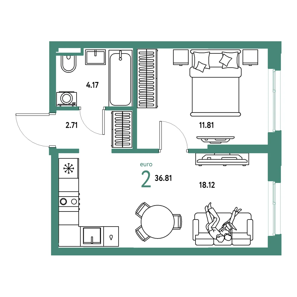 Планировка: Остров-сад 2-комнатная 36,81м²