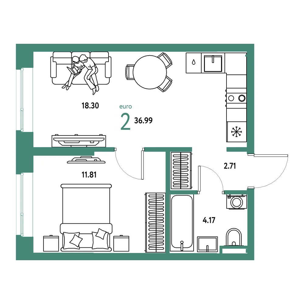 Планировка: Остров-сад 2-комнатная 36,99м²