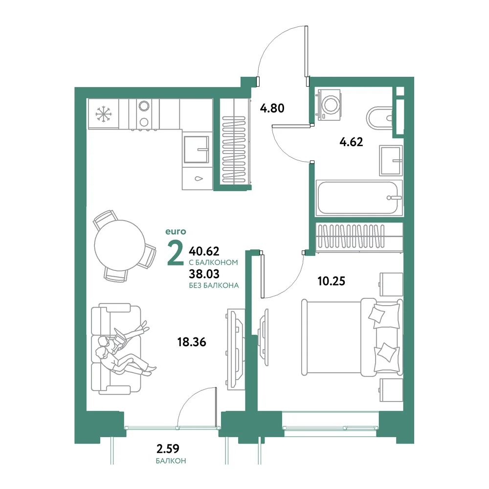 Планировка: Остров-сад 2-комнатная 40,62м²