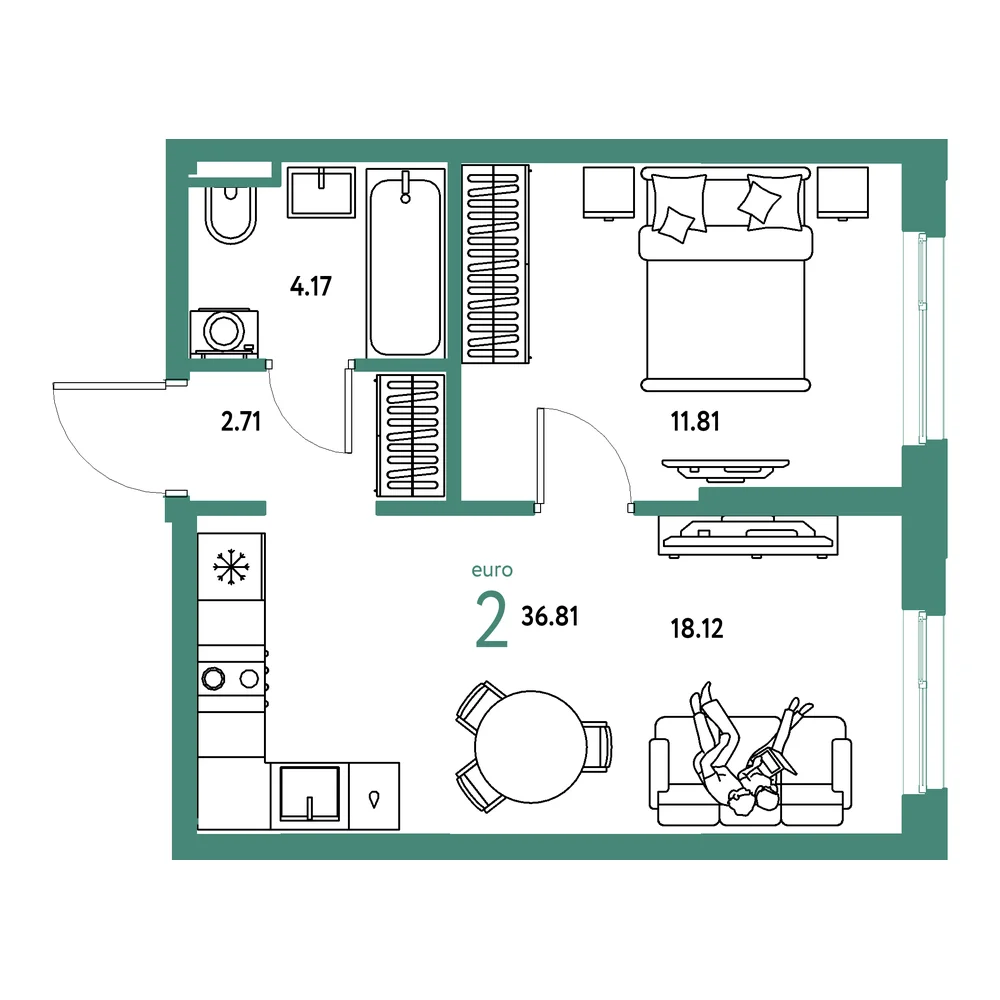 Планировка: Остров-сад 2-комнатная 36,81м²