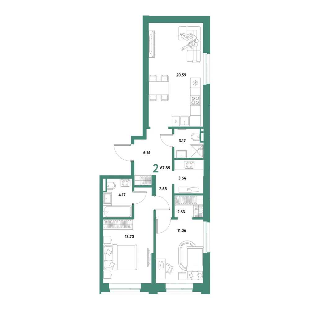 Планировка: Остров-сад 2-комнатная 67,85м²