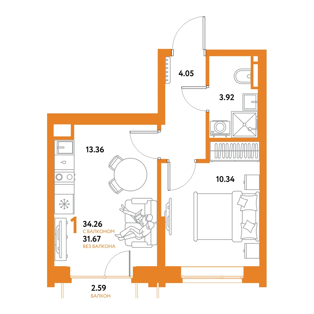 Планировка: Остров-сад 1-комнатная 34,26м²