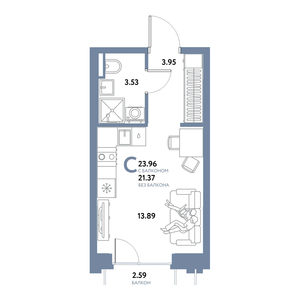 Планировка: Остров-сад Студия 23,96м²