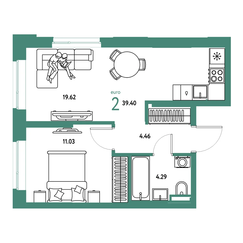 Планировка: Остров-сад 2-комнатная 39,40м²