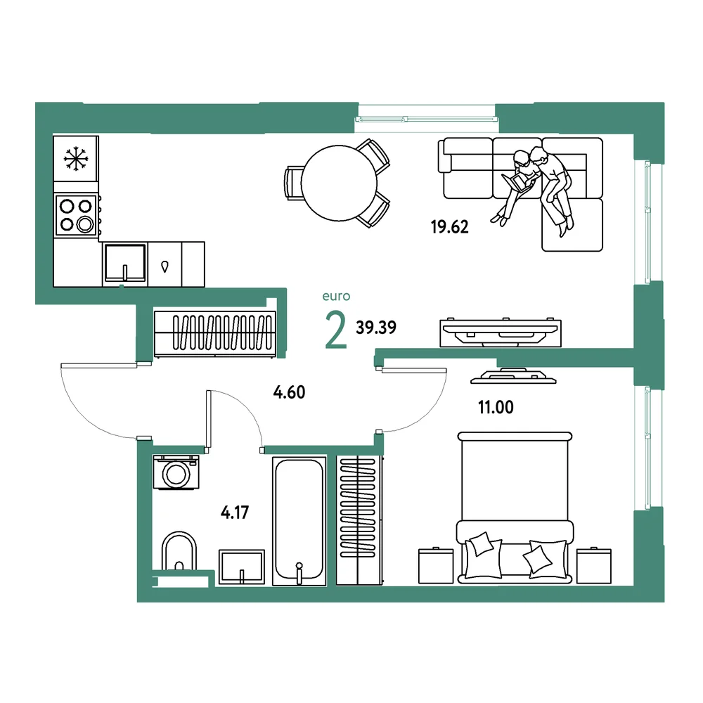 Планировка: Остров-сад 2-комнатная 39,39м²
