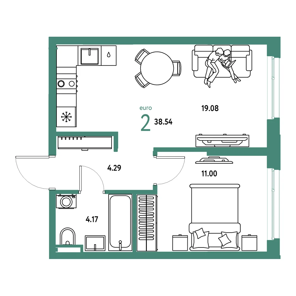 Планировка: Остров-сад 2-комнатная 38,54м²