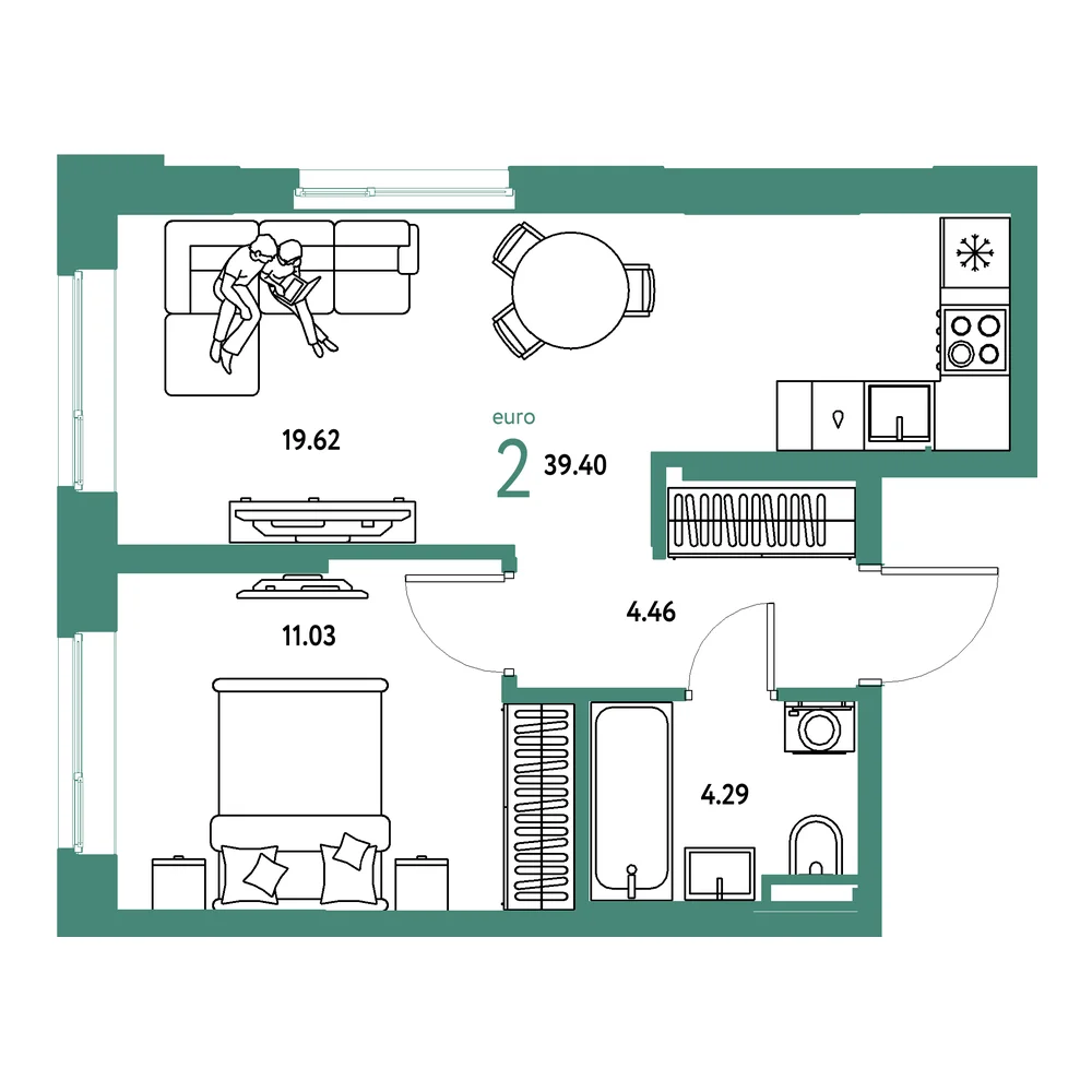 Планировка: Остров-сад 2-комнатная 39,40м²