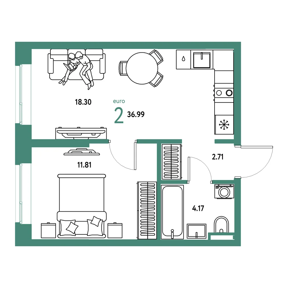Планировка: Остров-сад 2-комнатная 36,99м²