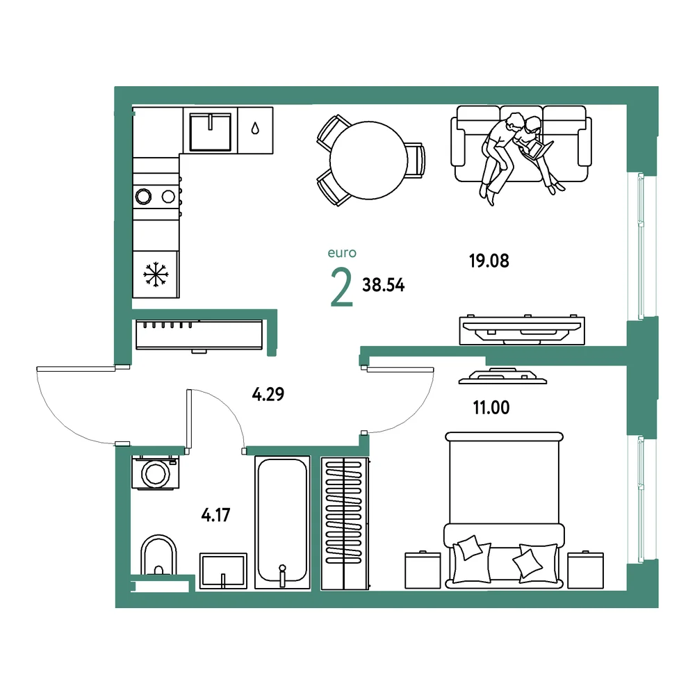 Планировка: Остров-сад 2-комнатная 38,54м²