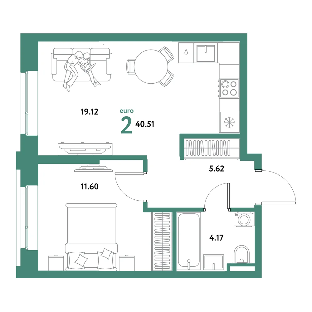 Планировка: Остров-сад 2-комнатная 40,51м²