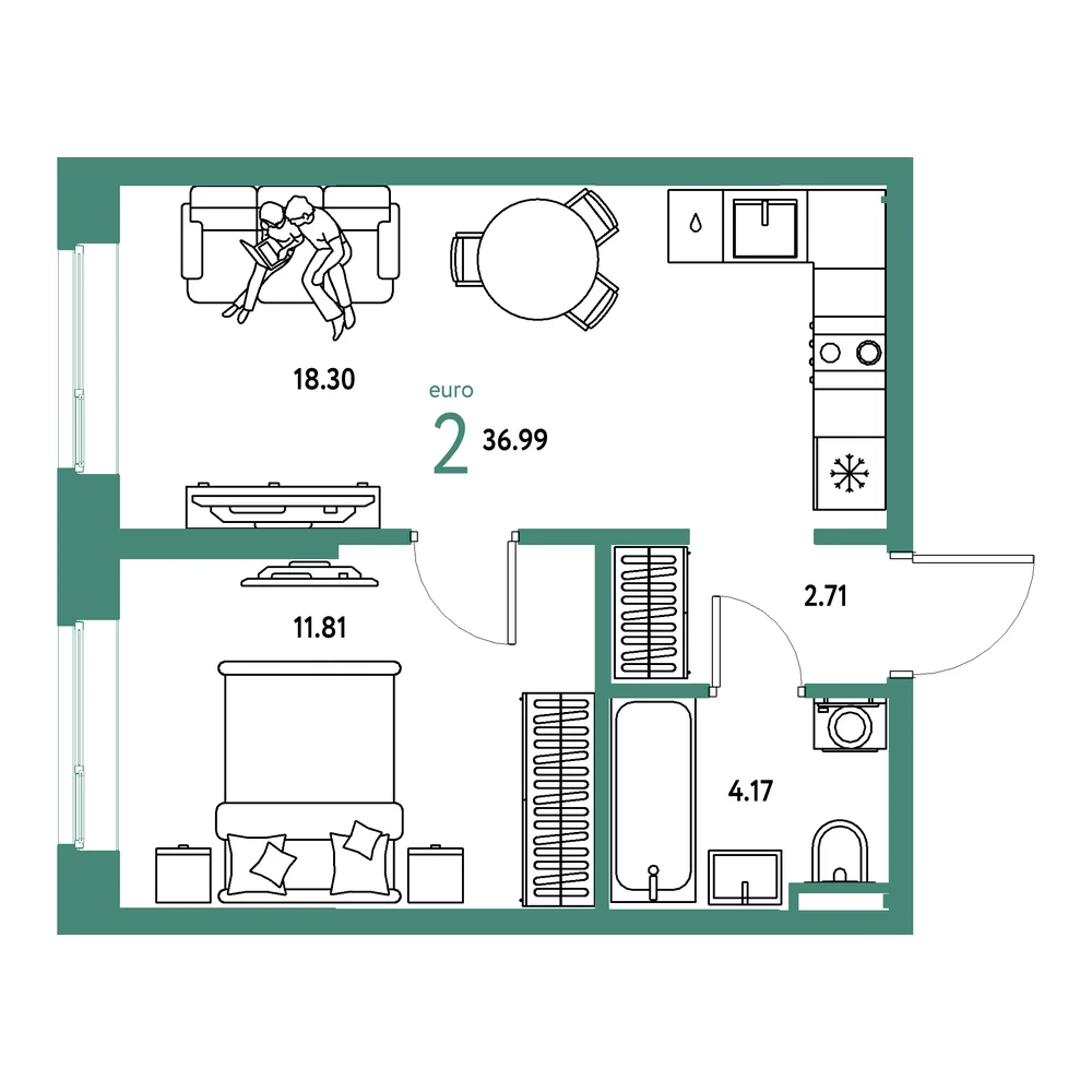 Планировка: Остров-сад 2-комнатная 36,99м²