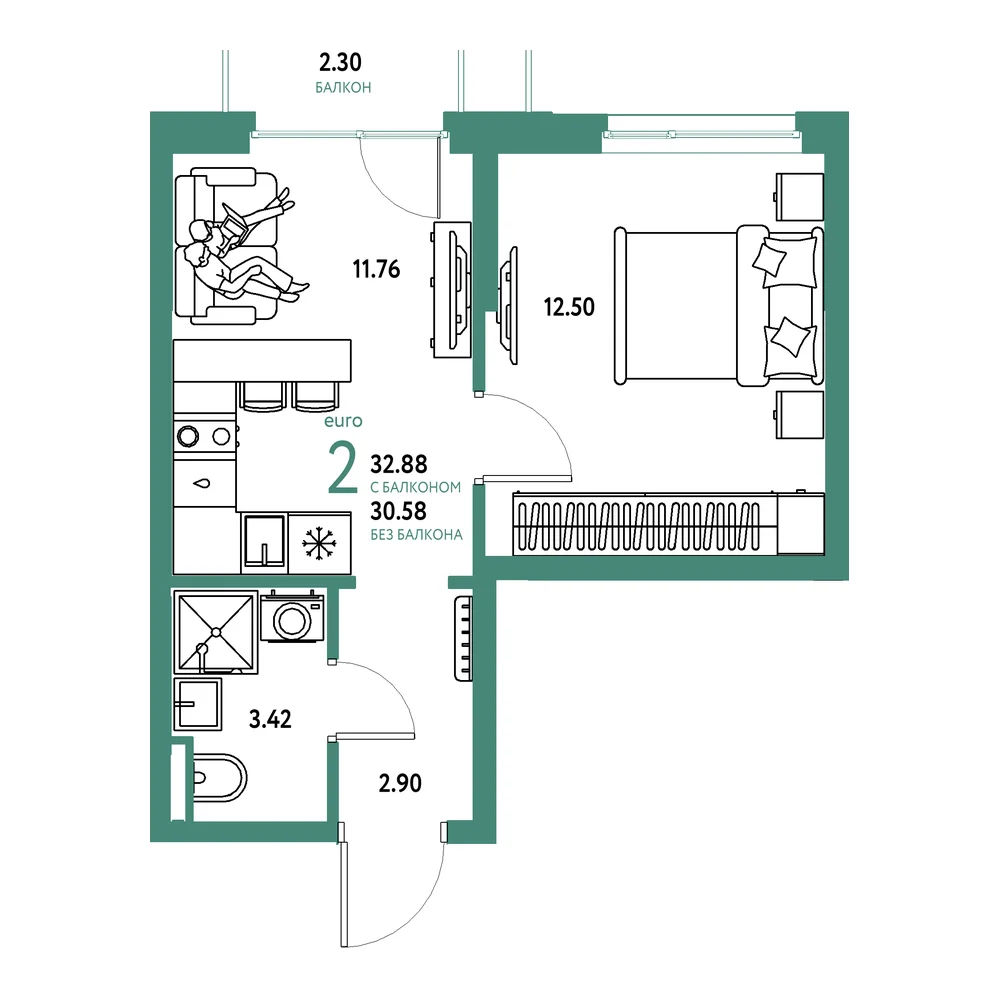 Планировка: Остров-сад 2-комнатная 32,88м²