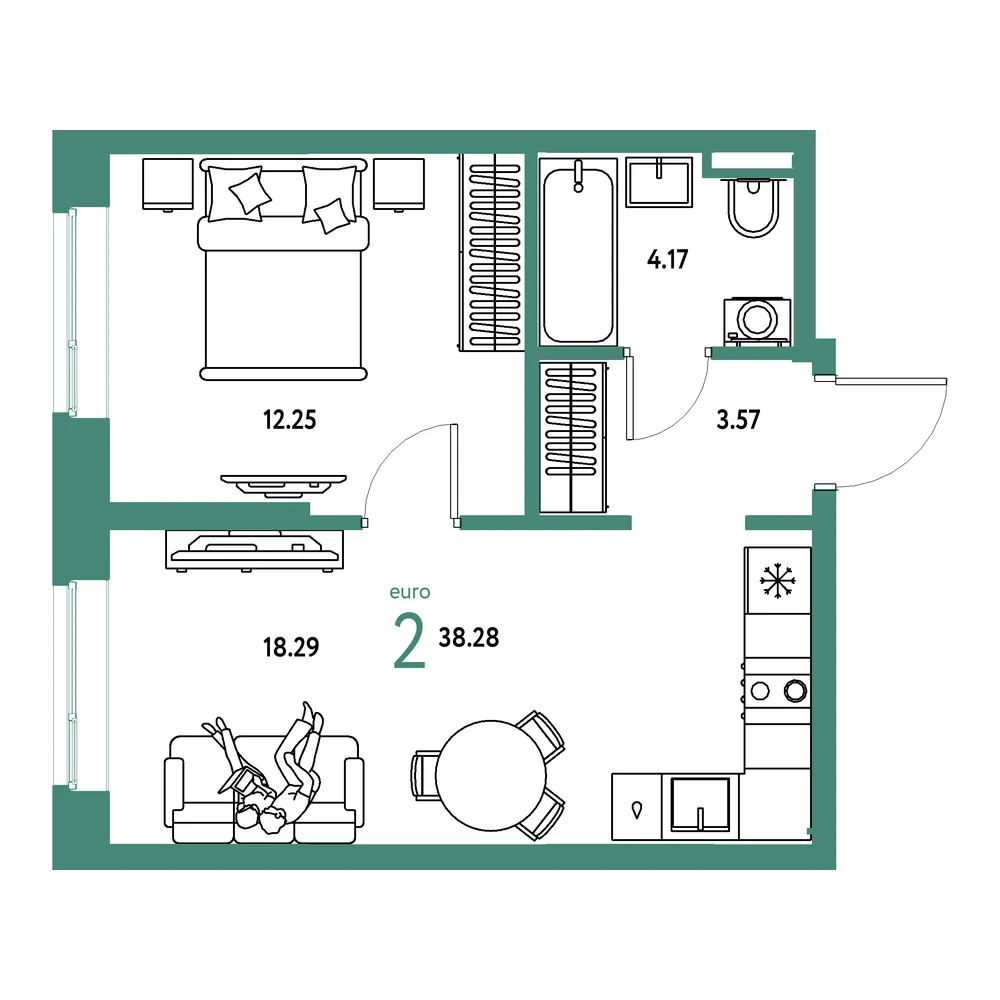 Планировка: Остров-сад 2-комнатная 38,28м²