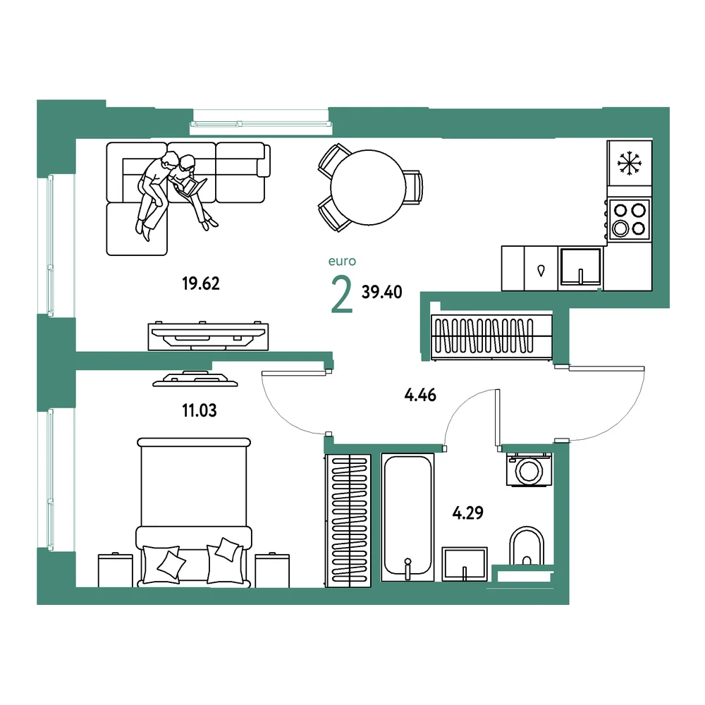 Планировка: Остров-сад 2-комнатная 39,40м²