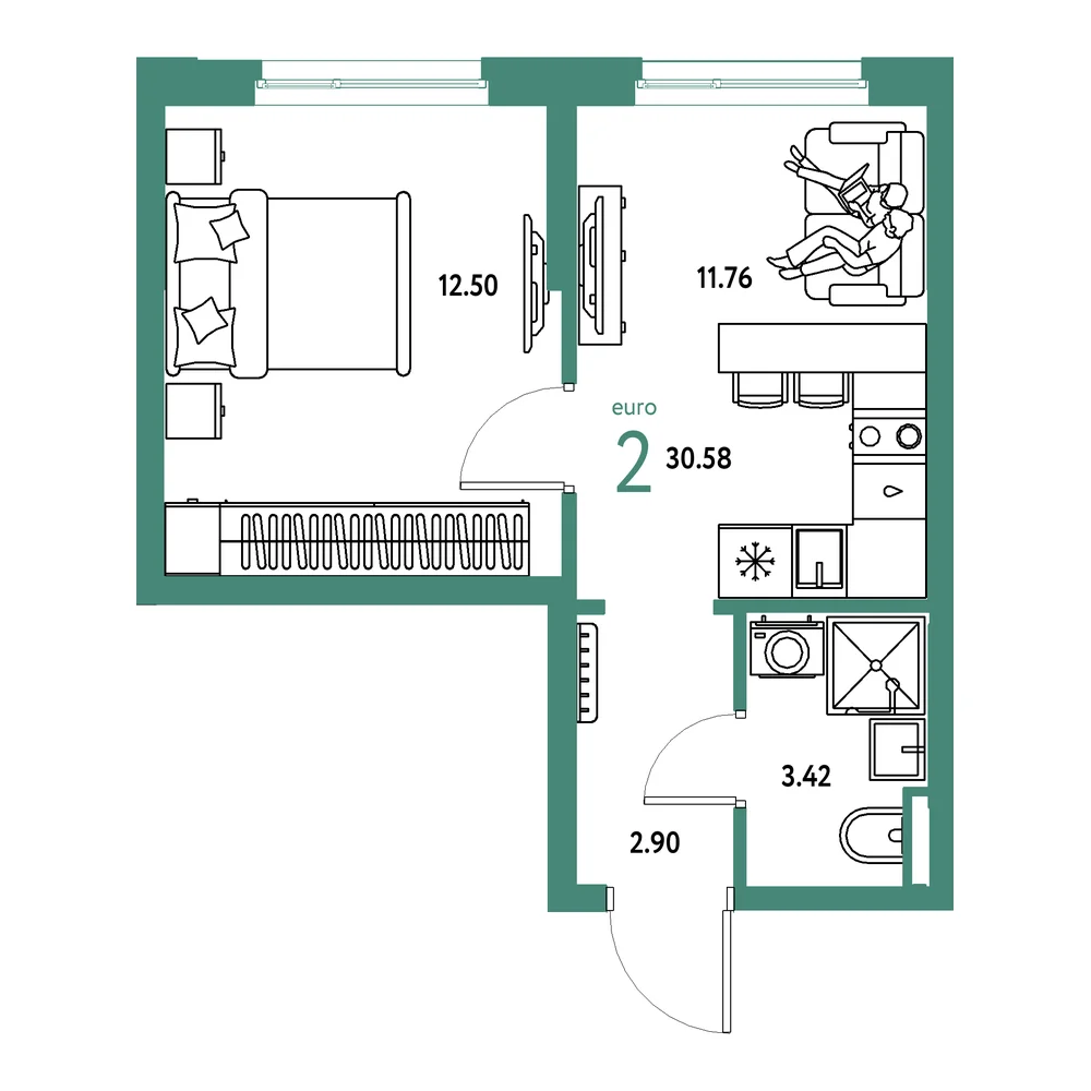 Планировка: Остров-сад 2-комнатная 30,58м²