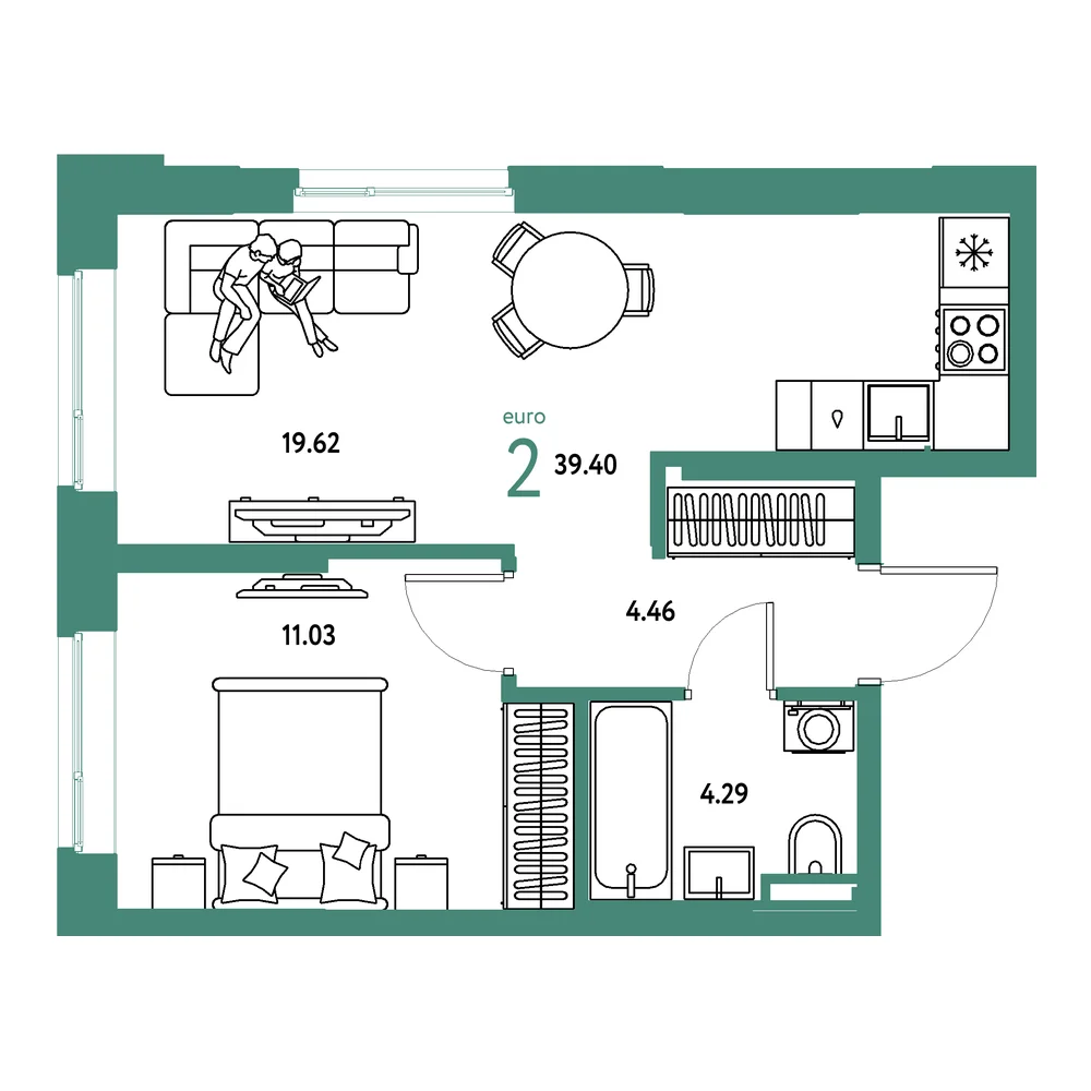 Планировка: Остров-сад 2-комнатная 39,40м²