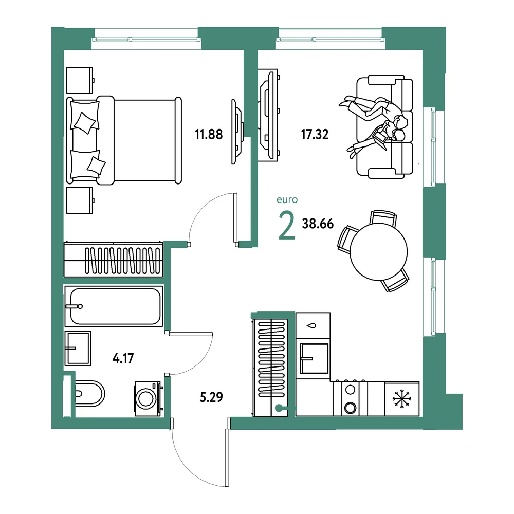 Планировка: Остров-сад 2-комнатная 38,66м²