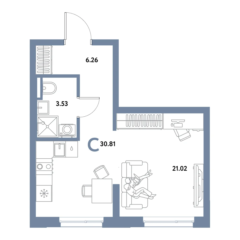 Планировка: Остров-сад Студия 30,81м²