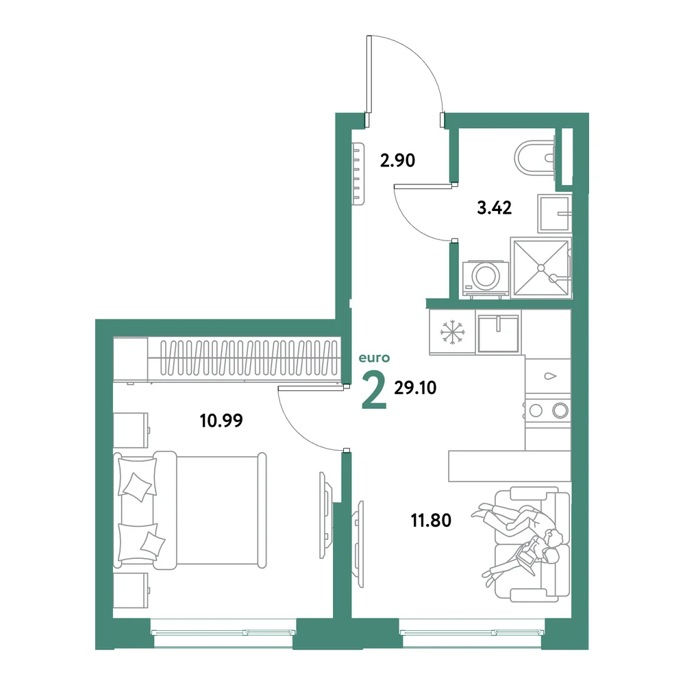 Планировка: Остров-сад 2-комнатная 29,10м²