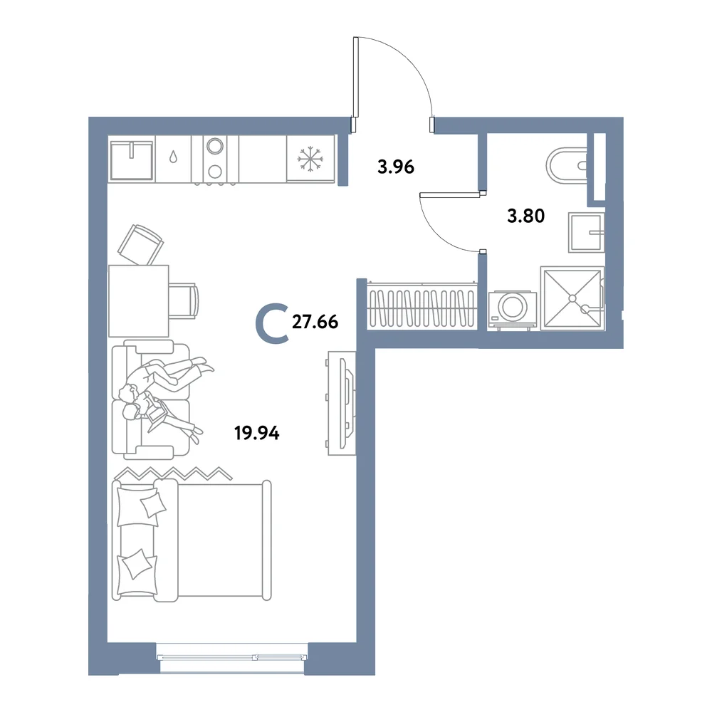 Планировка: Остров-сад Студия 27,66м²