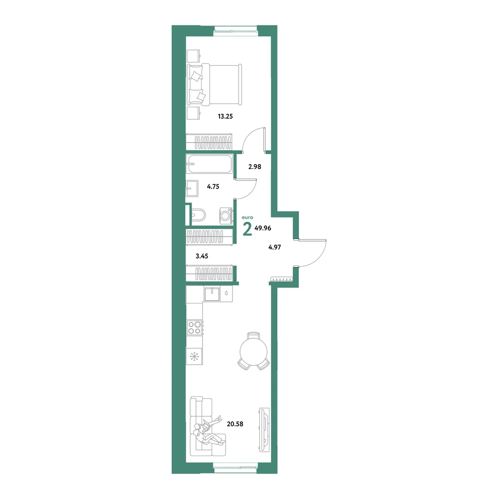 Планировка: Остров-сад 2-комнатная 49,96м²