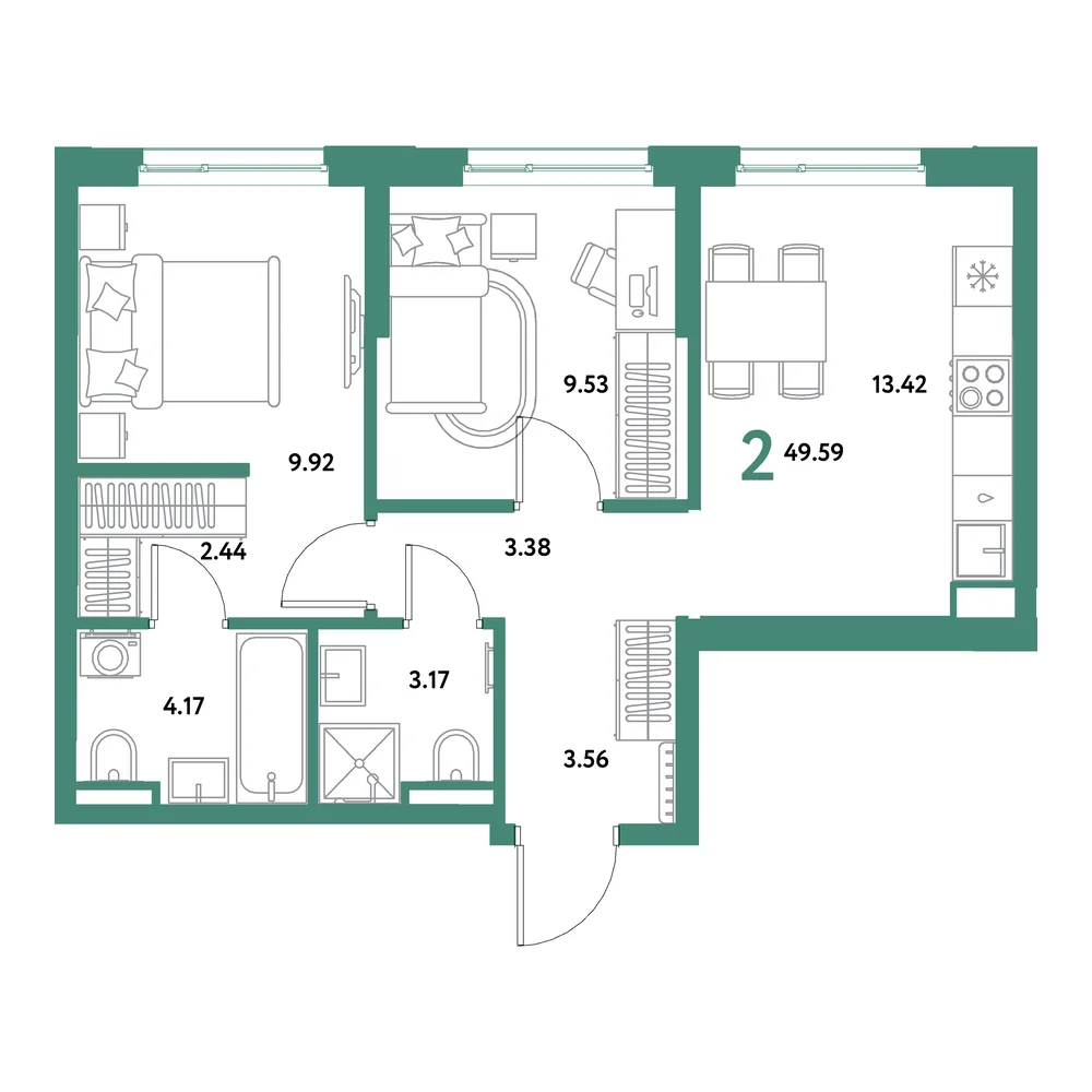Планировка: Остров-сад 2-комнатная 49,59м²