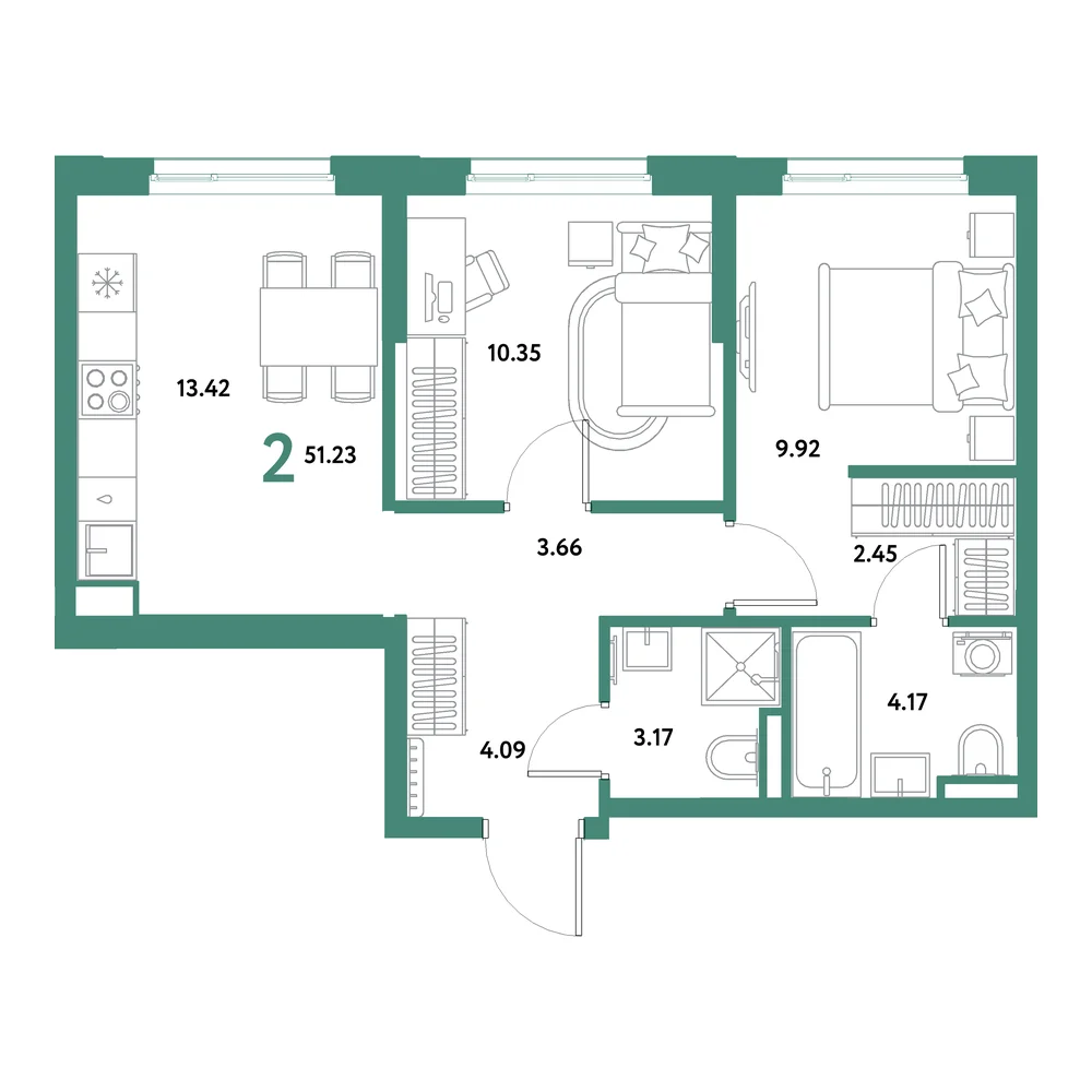 Планировка: Остров-сад 2-комнатная 51,23м²