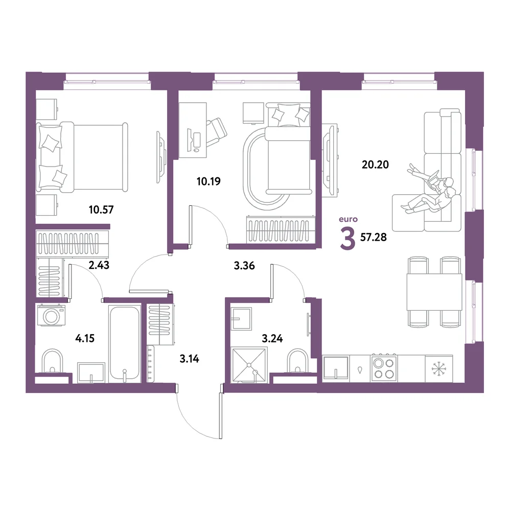 Планировка: Остров-сад 3-комнатная 57,28м²